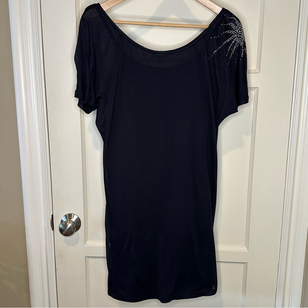 Express Mini Dress with Rhinestone Shoulder Detail, Black - Size Small